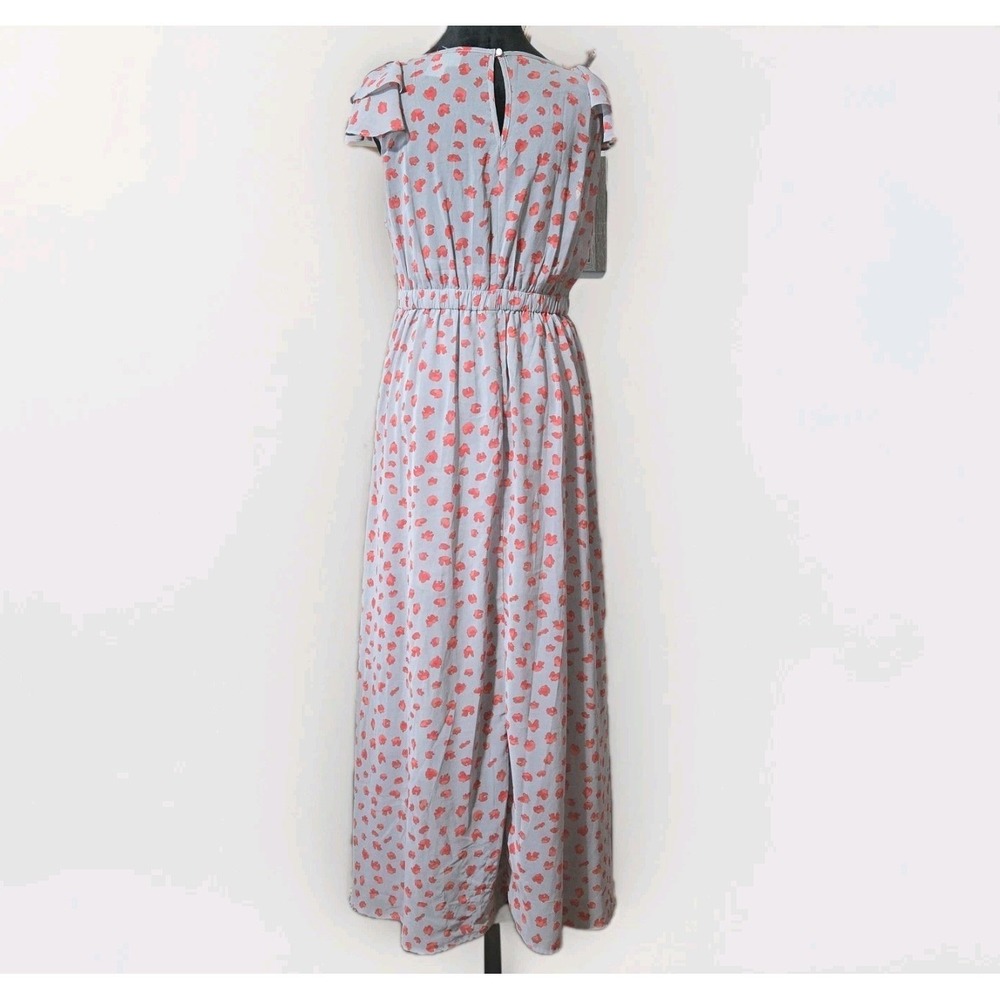 Aggie Floral Flowy Maxi Dress Sz M Gray Red Ruffle Cap Sleeve Peasant V-Neck - Picture 5 of 14